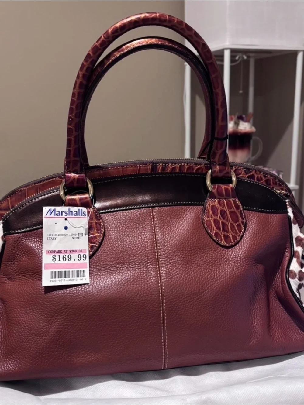 Cromia  Chestnut Croc-Embossed Satchel with Dark Trim and calf hair sides